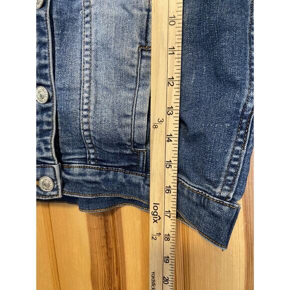 7 For All Mankind Denim Jacket Girls M Trucker Distressed Flap Pockets Stretchy - Picture 7 of 8